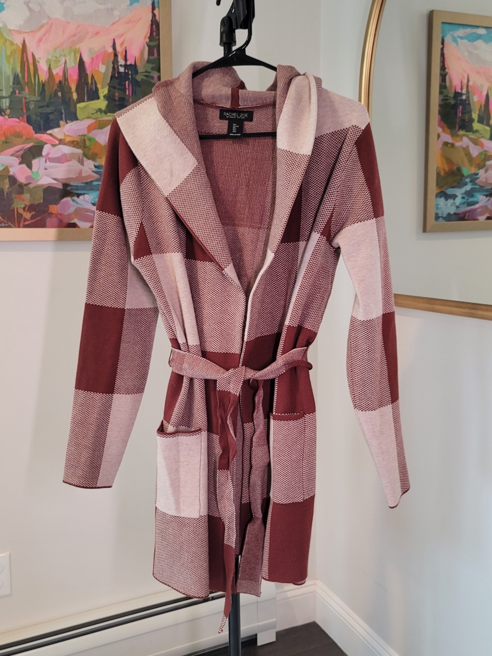 RACHEL ZOE Hooded Cardigan Sweater Brown Block Check Pattern Belt Size L
